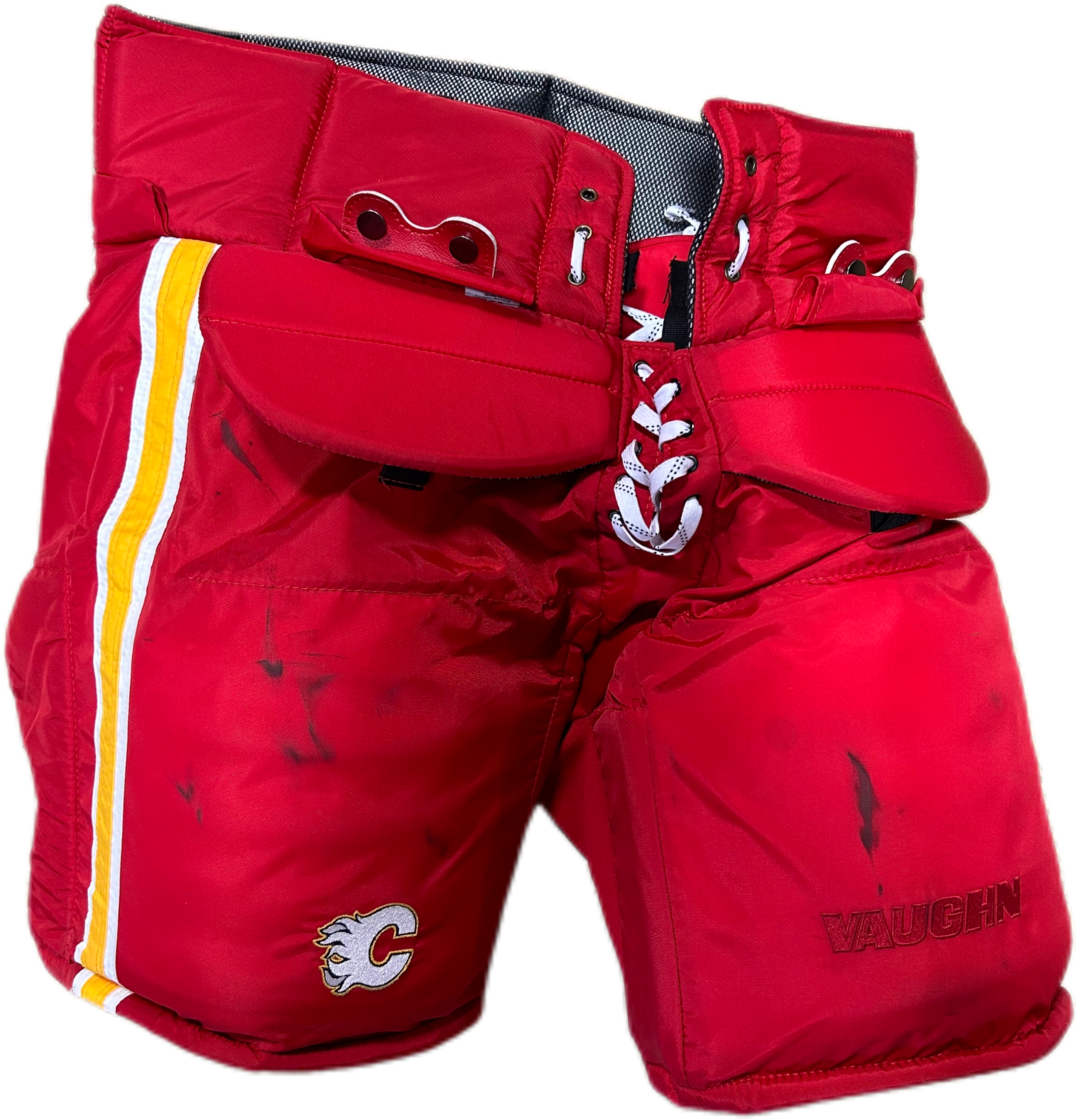 Pantalon de gardien de but Vaughn Pro Custom d'occasion de la LNH – David Rittich (rouge/jaune/blanc)